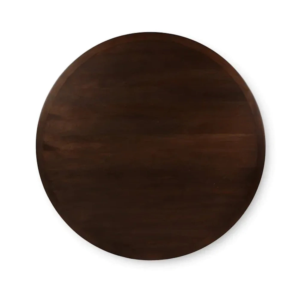 Top down view of the Colorado round dining table top in dark brown wood grain finish.