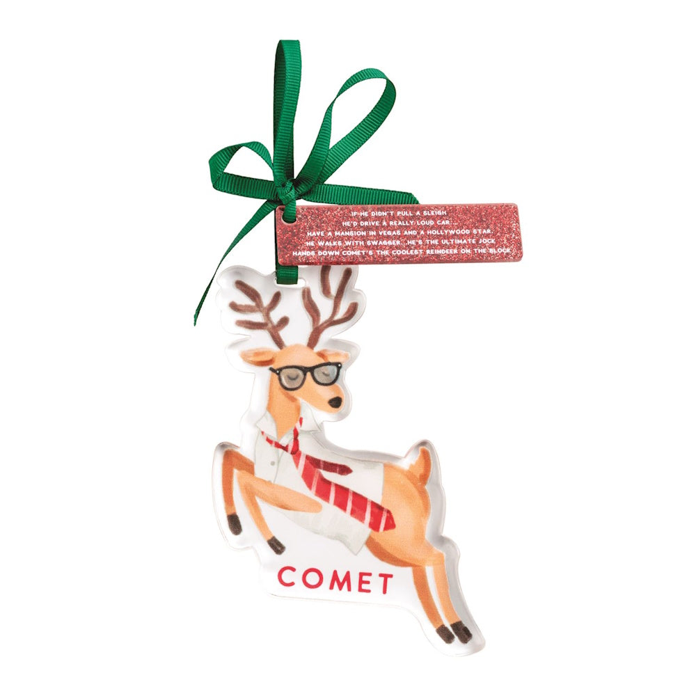 Reindeer ornament named Comet wearing glasses, shirt, and tie, attached to a green ribbon.