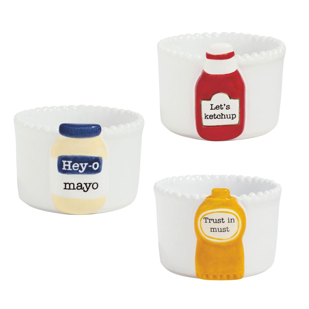 Set of 3 white ceramic condiment dip bowls featuring "Let's ketchup," "Hey-o mayo," and "Trust in must" puns and bottle art.