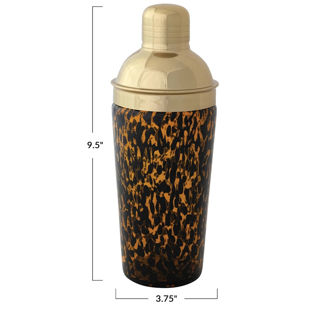 Tortoiseshell confetti glass cocktail shaker with gold top. Measurements 9.5 in. high x 3.75 in. wide shown.