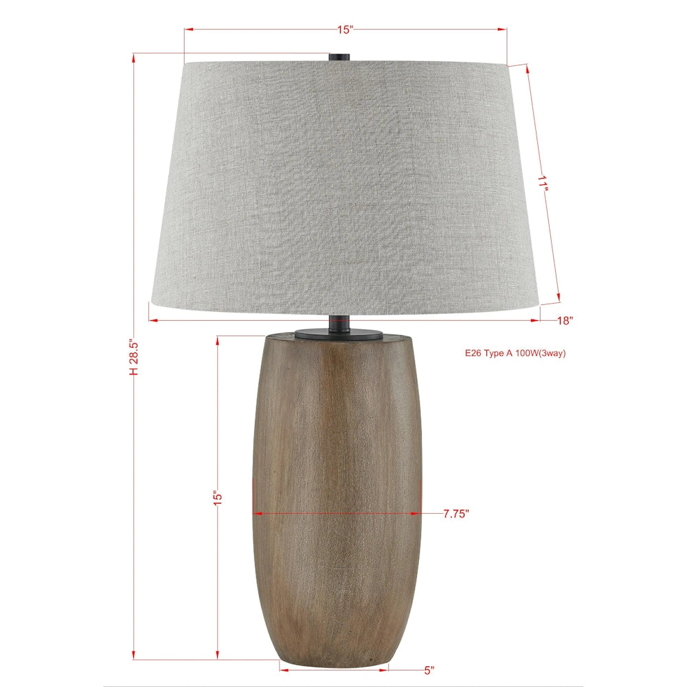 Natural wood table lamp dimension diagram with gray drum shade, 28.5 inch height and oval base.