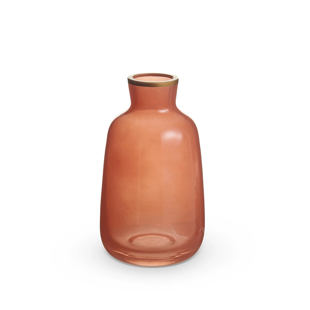 A coral frosted glass bud vase with a rounded body and a thin gold rim, shown against a white background.