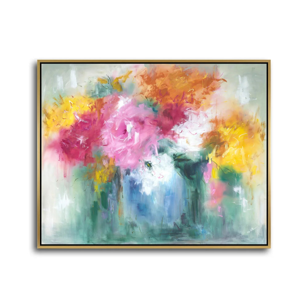 Abstract floral painting with pink, yellow, and orange blooms in a gold frame.