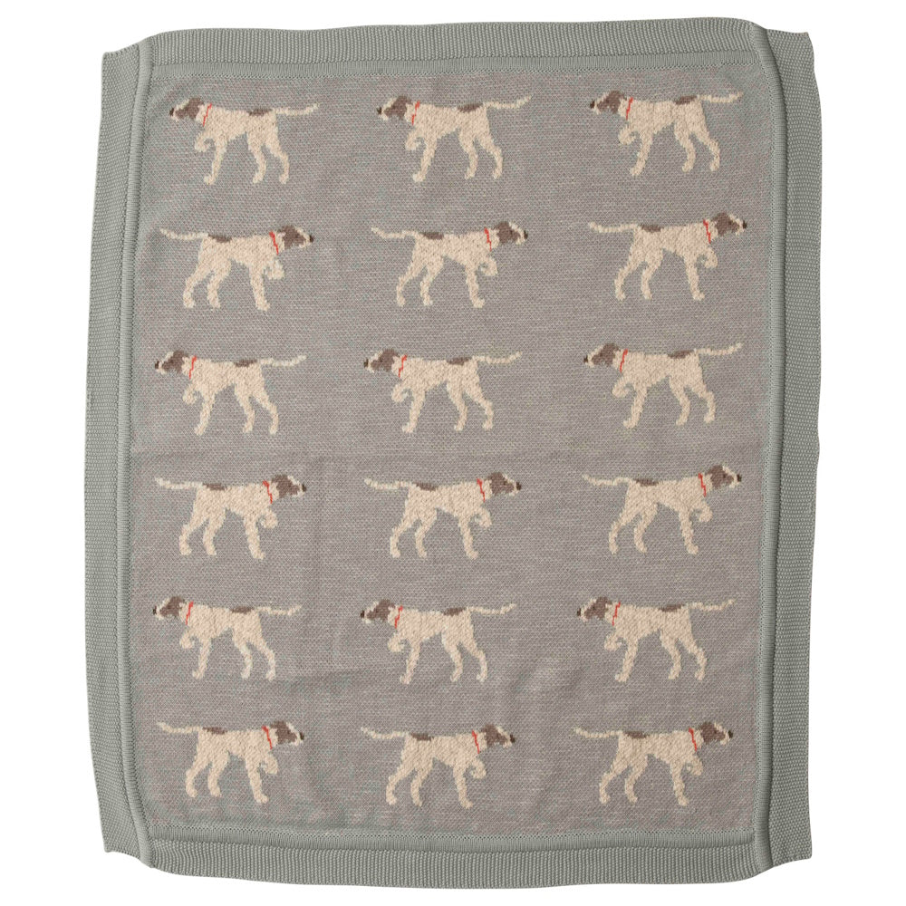 Gray cotton knit baby blanket featuring a repeating pointer dog pattern with red collars.