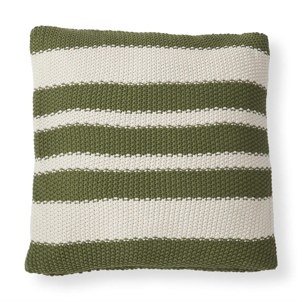 Square knit throw pillow with horizontal olive green and cream stripes.
