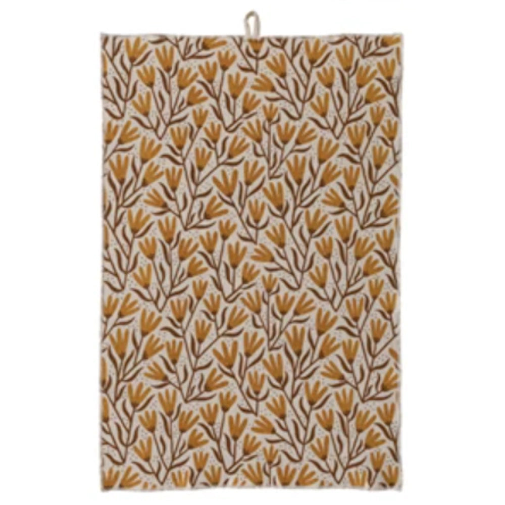 Cream and ochre floral patterned cotton terry cloth tea towel with a hanging loop and mustard yellow tulip design.