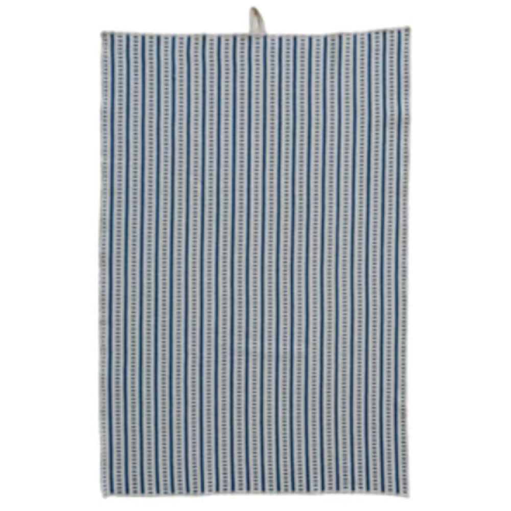 Blue and white striped cotton terry cloth tea towel with a hanging loop, featuring a classic vertical pattern.