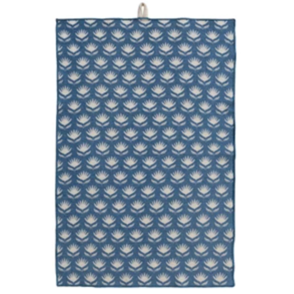Blue and white floral printed cotton terry cloth tea towel with a hanging loop and repeating botanical pattern.