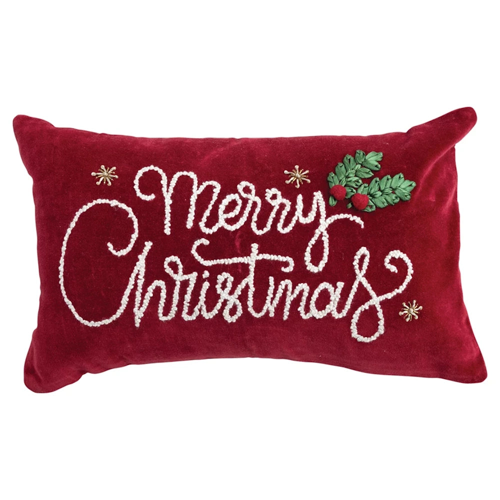 Cotton Velvet Lumbar Pillow with Embroidery "Merry Christmas"