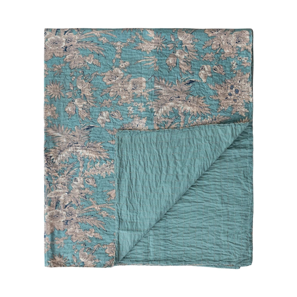 Blue floral cotton voile throw with hand-embroidered Kantha stitching and botanical print.