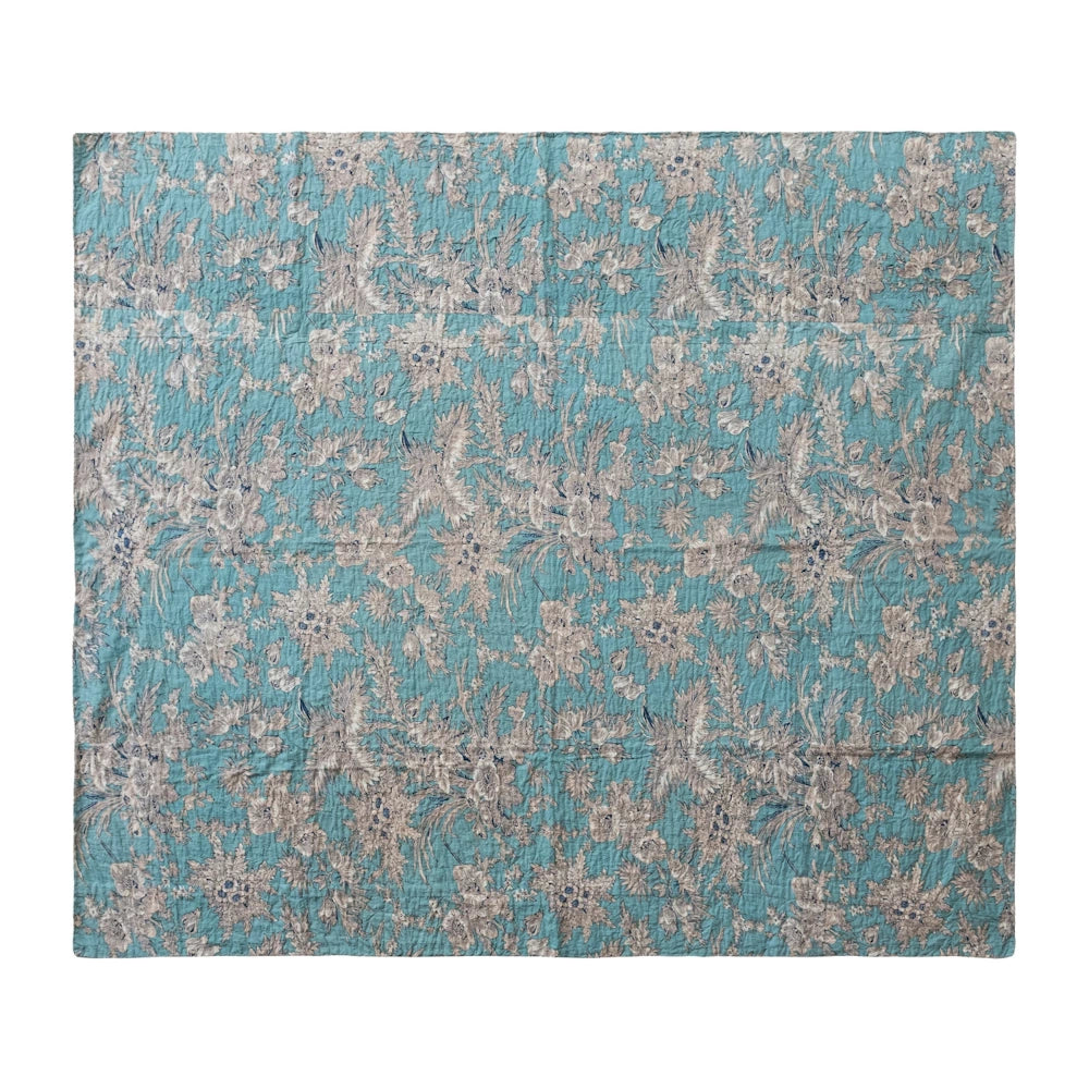 Teal cotton voile floral throw blanket with hand-embroidered Kantha stitching and vintage-style flower pattern.