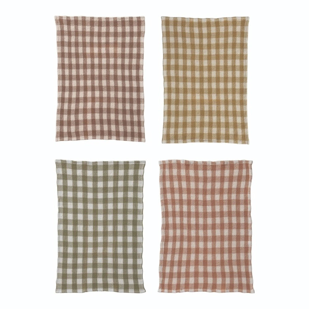 Set of four waffle weave tea towels in brown, mustard yellow, sage green, and terracotta gingham patterns.