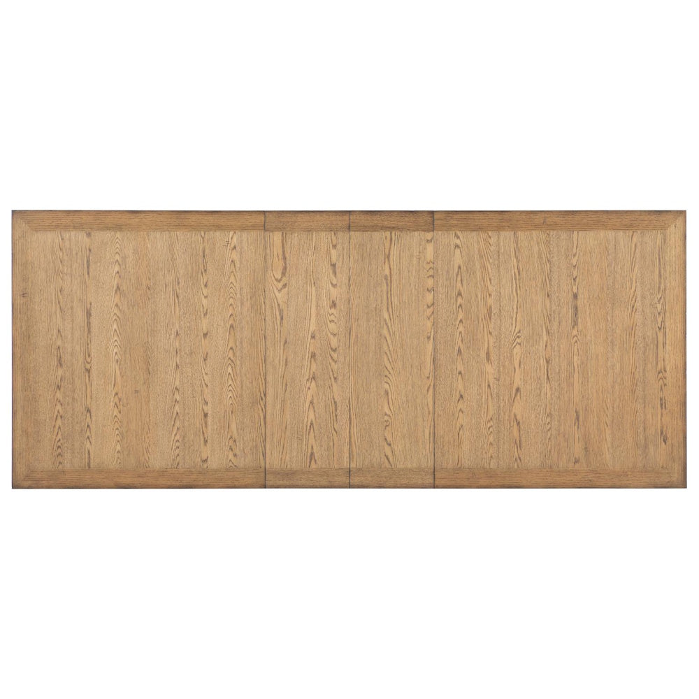 Top view of rectangular wood tabletop with natural oak finish, plank pattern, and framed border detail.