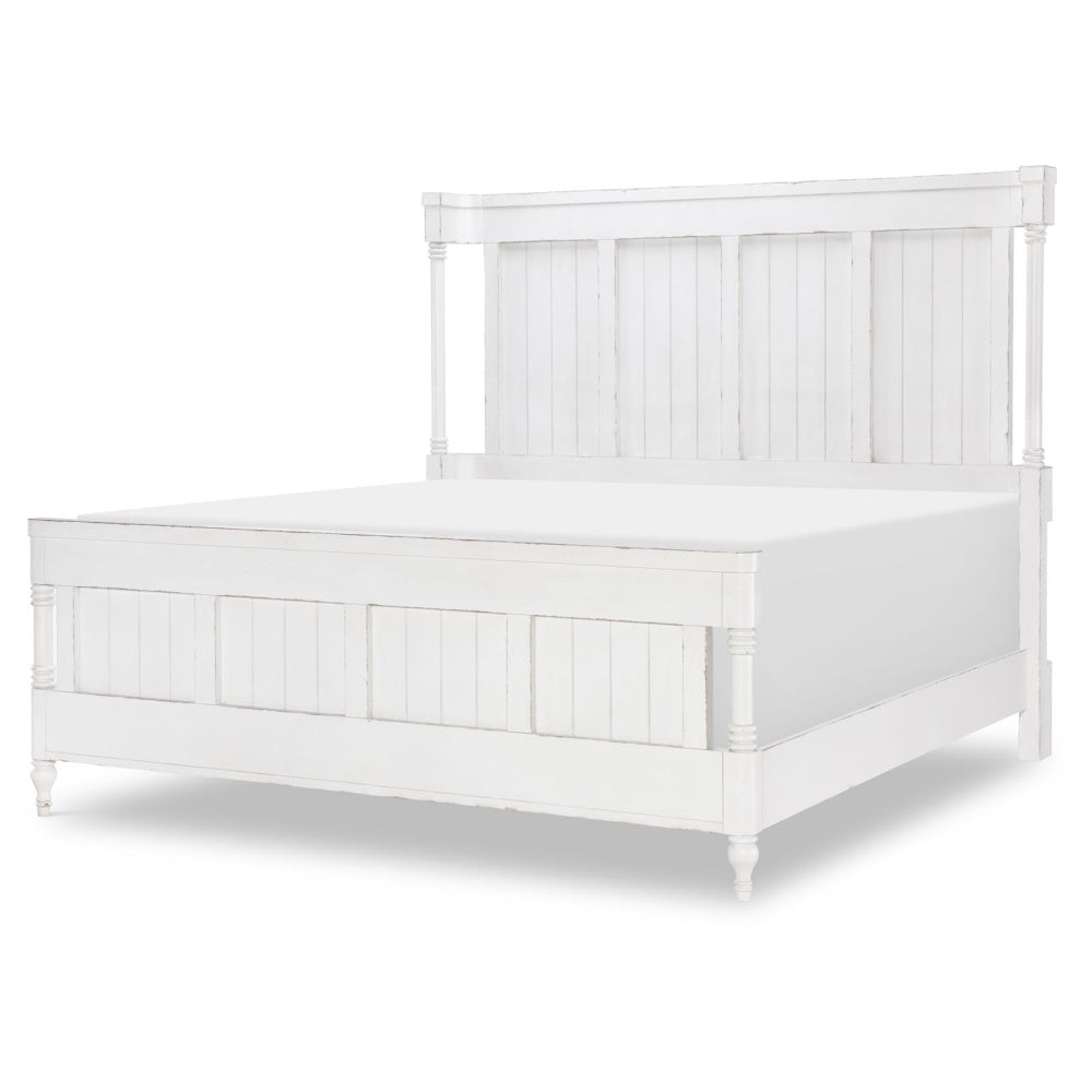 A distressed white wooden bed frame with a high panel headboard and footboard on a white background.