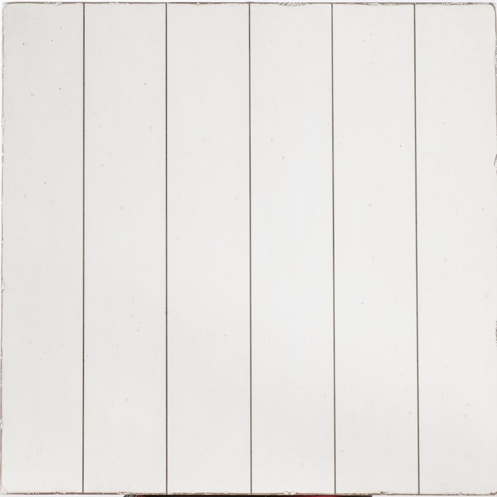 White painted wood finish with vertical plank detailing and lightly distressed edges, viewed from above.