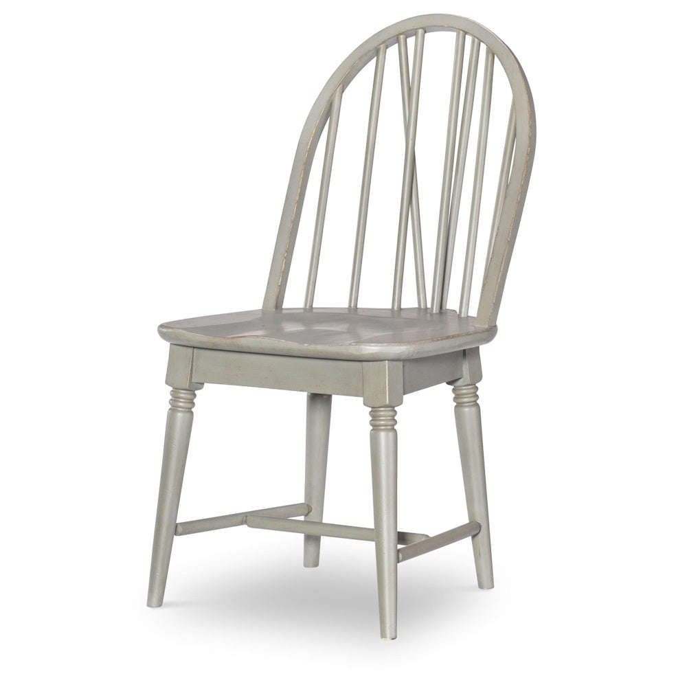 Light gray Windsor side chair with a rounded spindle back, wooden seat, and tapered legs.