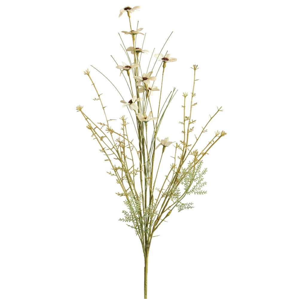 Artificial floral pick with cream blossoms, green foliage, and thin stems on a white background.