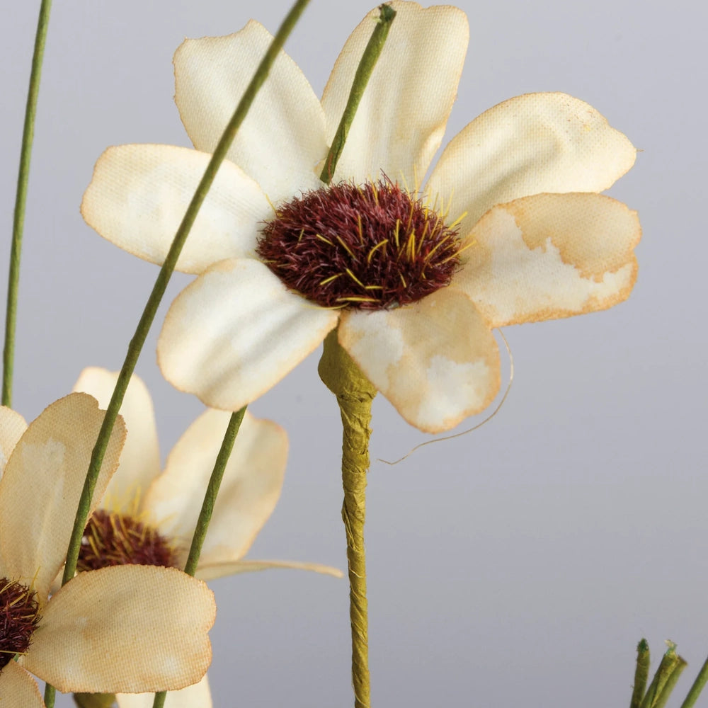 Close-up of artificial cream flowers with distressed edges and dark fuzzy centers on wrapped stems.