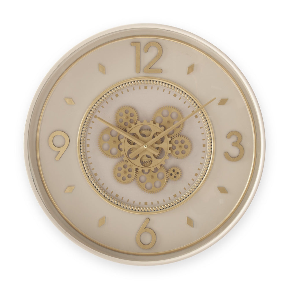 Cream and gold industrial wall clock with visible gears and large gold numbers on a round cream face.