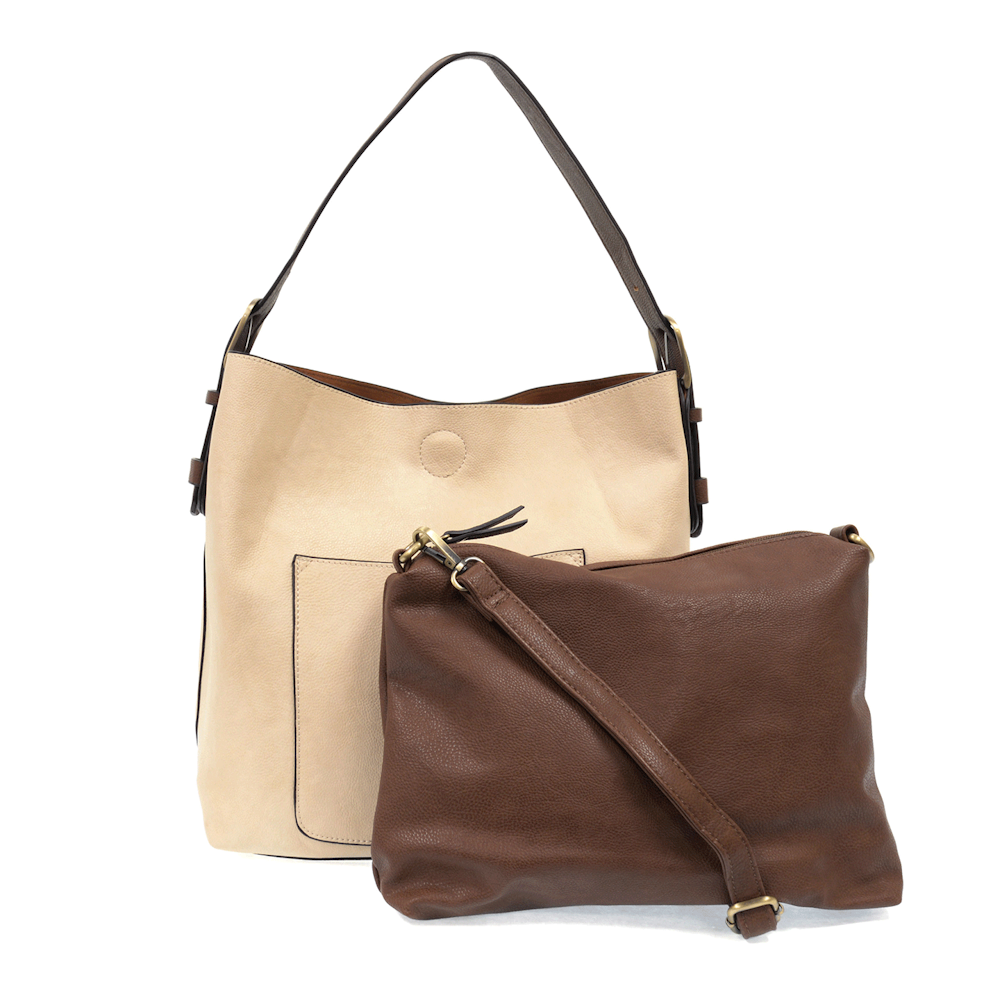 Cream hobo handbag with coffee brown handle and matching brown crossbody clutch bag on a white background.