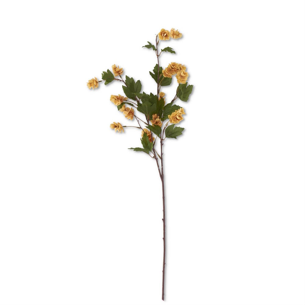 Artificial stem of cream hops and green leaves on a white background.