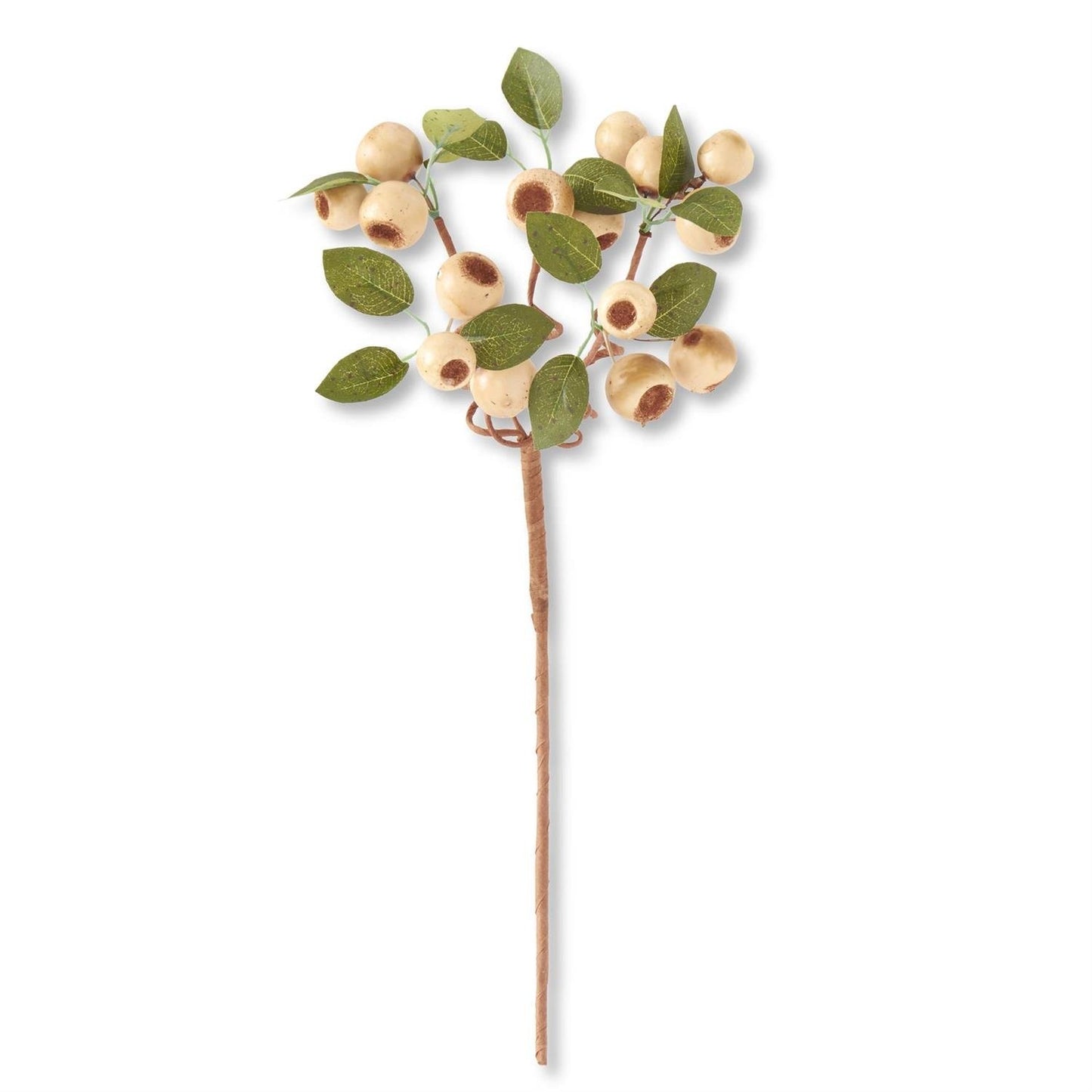Artificial floral spray featuring cream-colored berries and green leaves on a brown stem.
