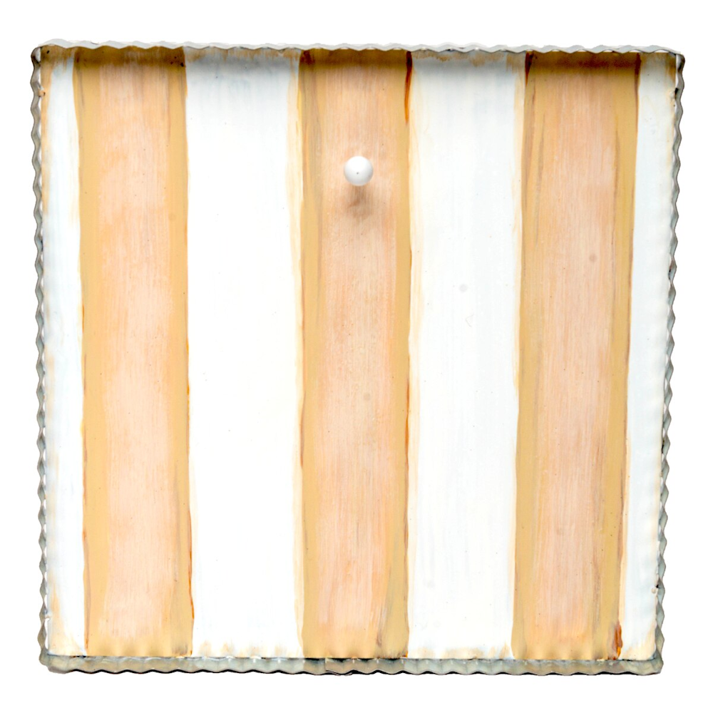 Hand-painted cream and white striped metal display board with scalloped edges and a single hanging peg.