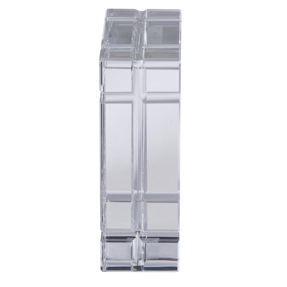 Clear crystal glass bookend with an etched grid pane design on a white background.