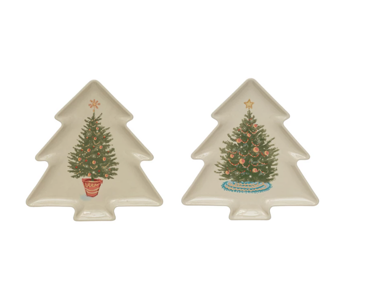 Stoneware Tree Shaped Plate with Christmas Tree, 2 Styles