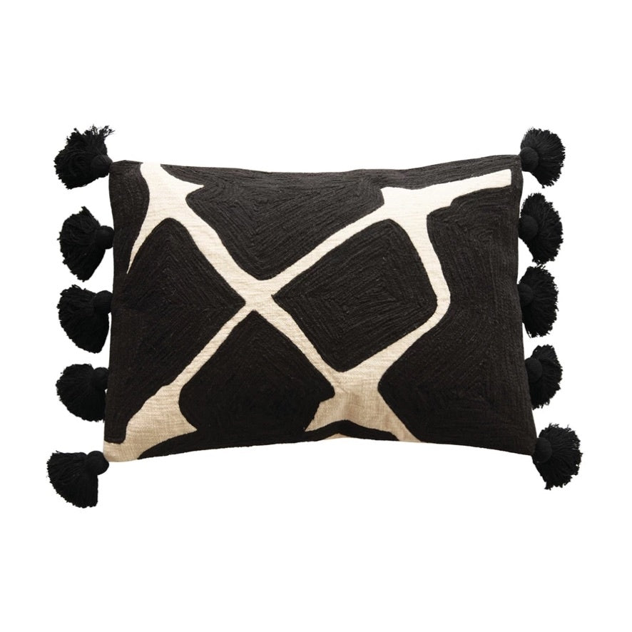 Cotton Embroidered Lumbar Pillow, Black & White — alternate view 3