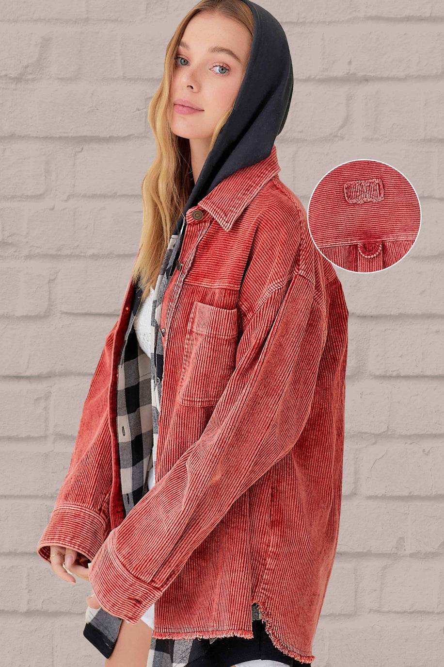 Oversized Washed Fabric Corduroy Button Down Jacket — alternate view 5