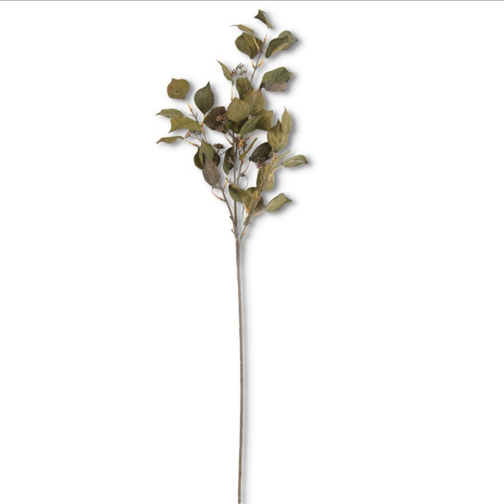 Single artificial dark green eucalyptus stem with realistic leaves against a white background.