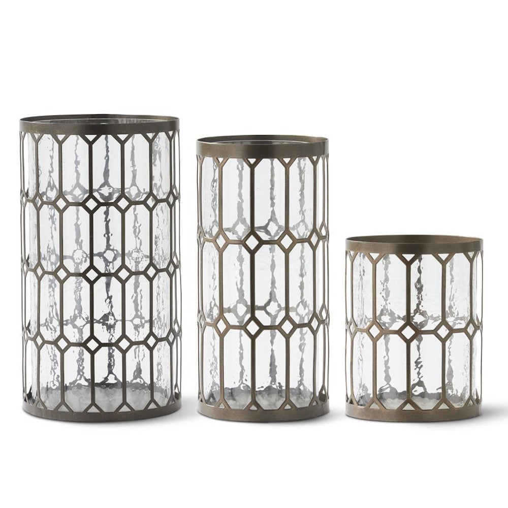 Small Dark Metal Windowpane Hurricane with Textured Glass Insert — alternate view 2