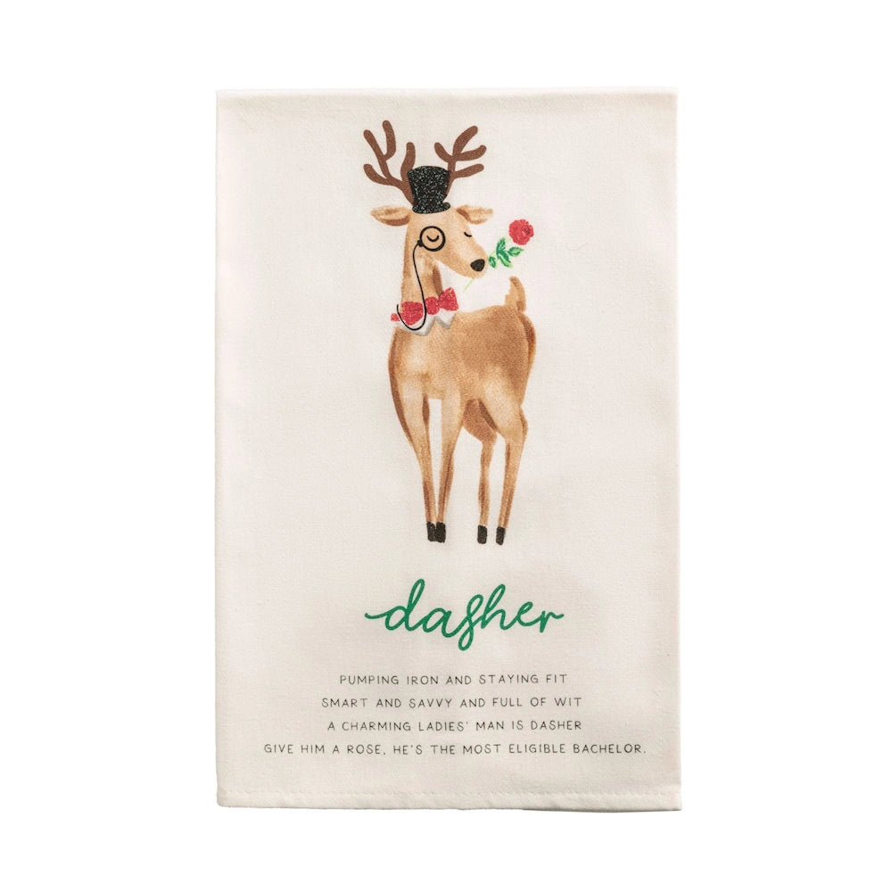 White hand towel featuring a dapper reindeer named Dasher with a top hat, monocle, and poem.