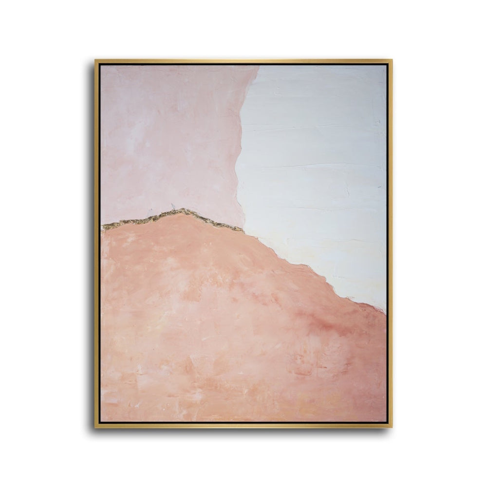 Abstract canvas artwork in soft pink, terracotta, and white tones with gold leaf accent in a thin frame.