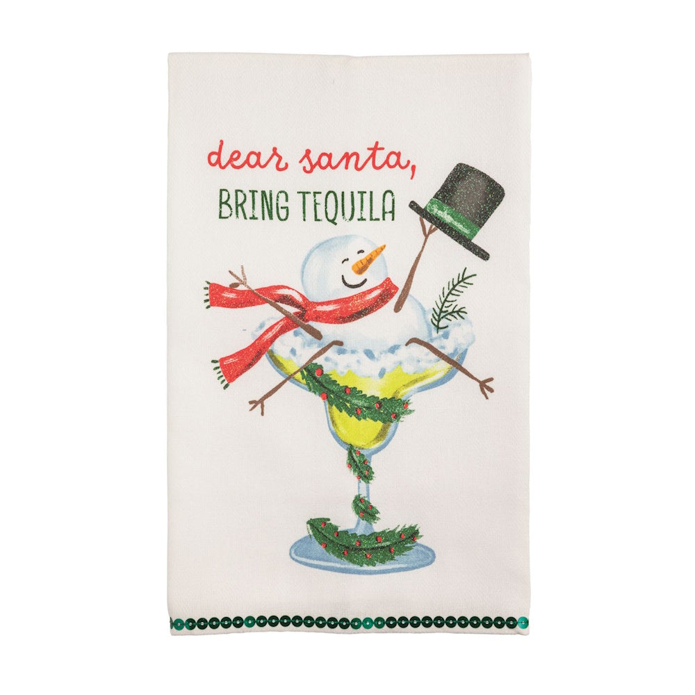 White kitchen towel featuring a snowman in a margarita glass with "dear santa, BRING TEQUILA".
