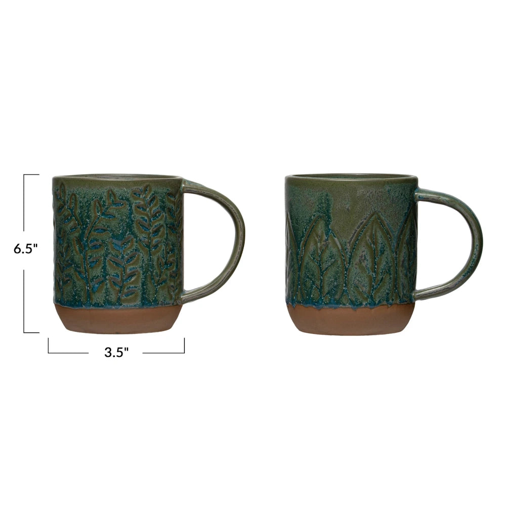 Green ceramic leaf patterned mugs set of 2, rustic clay base, 6.5" height and 3.5" diameter dimensions shown.