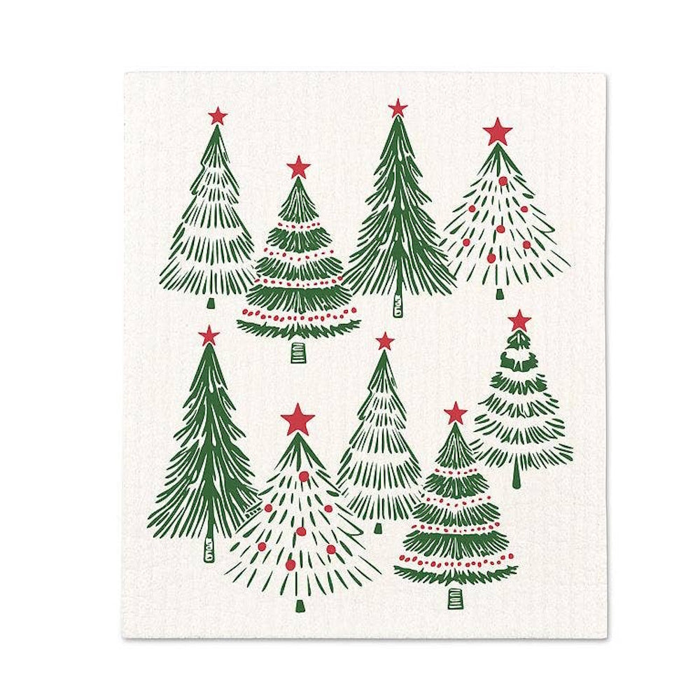 White kitchen towel featuring patterned green Christmas trees topped with red stars.