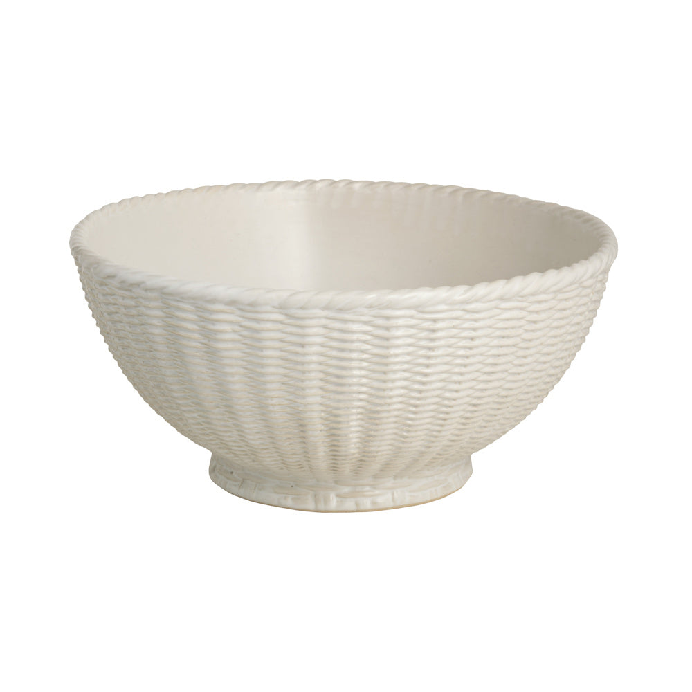 White ceramic woven basket-style decorative bowl with a rope-textured rim and pedestal base on a white background.