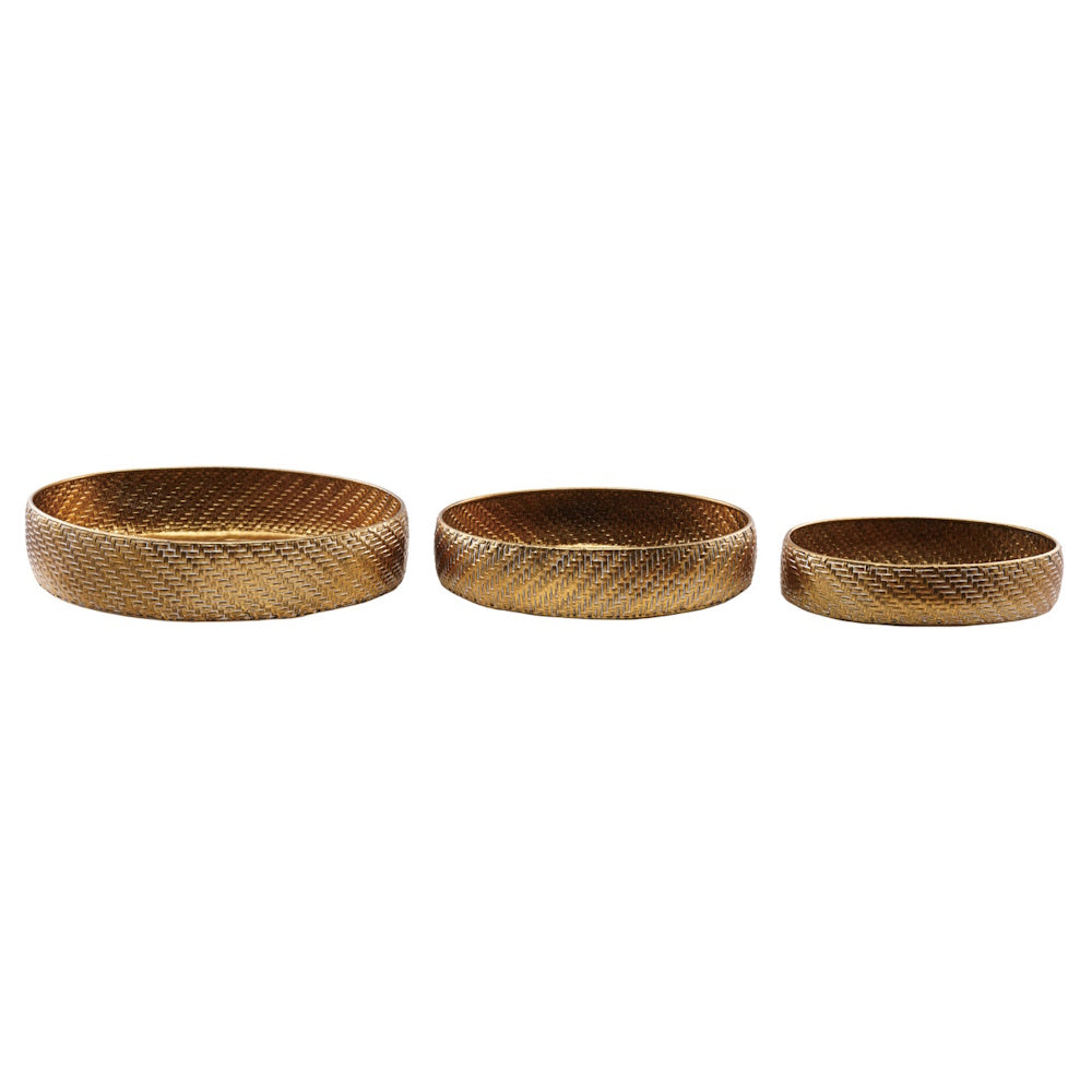 Set of three round gold woven metal decorative trays in ascending sizes against a white background.