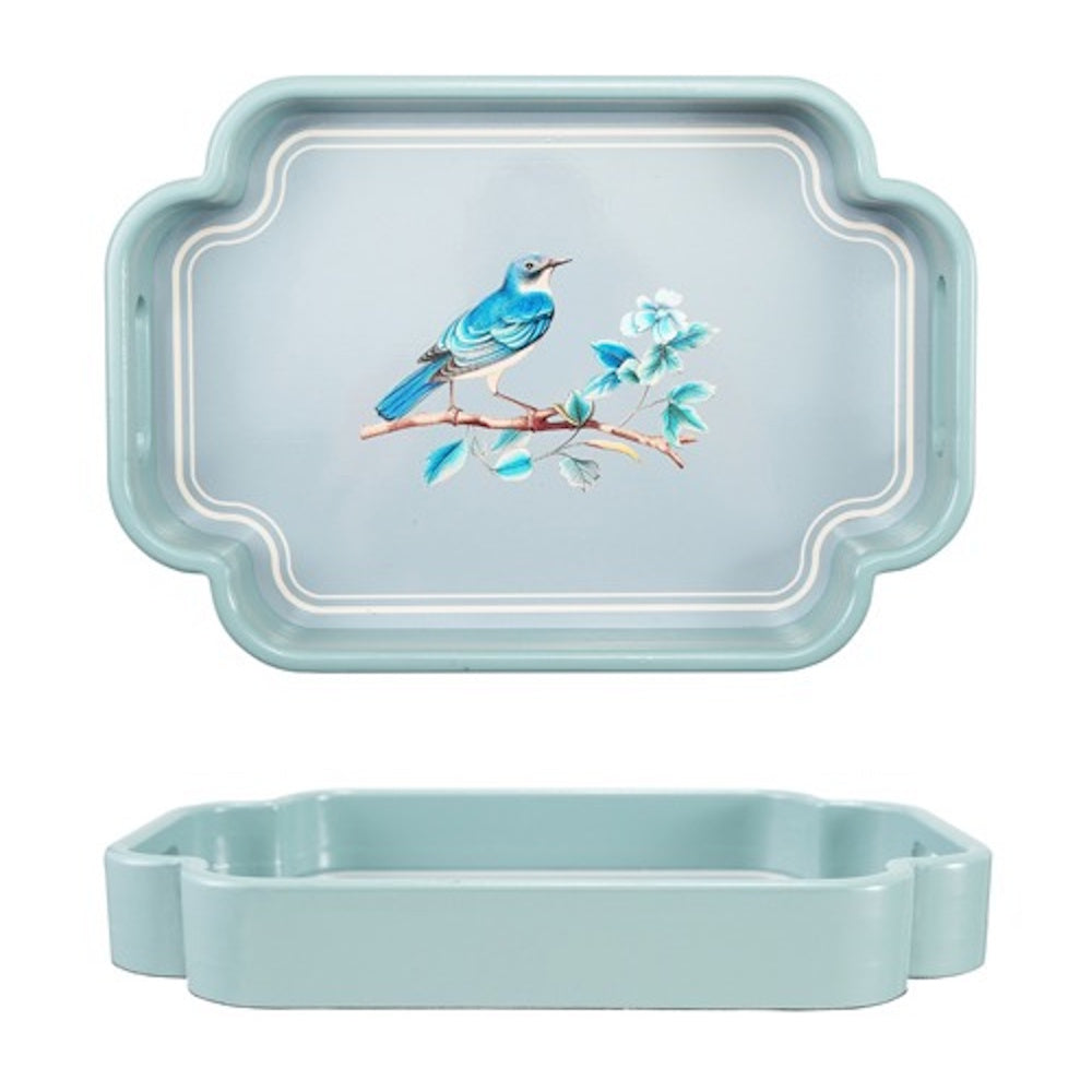 Light blue decorative tray with a bird illustration on a branch, shown from top and side views.