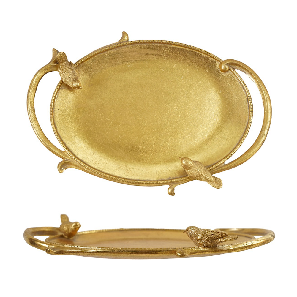 Oval gold decorative tray with curved handles and two small bird figurines perched on the rim.