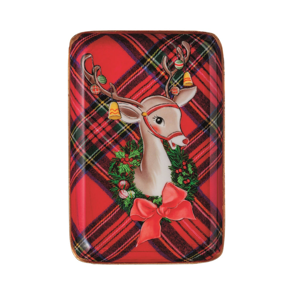 Rectangular Christmas tray featuring an illustrated reindeer with antlers adorned with ornaments and a red tartan background.