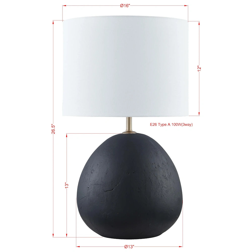 Modern black gourd table lamp with white drum shade and detailed dimensions: 26.5" height, 16" width, E26 bulb base.