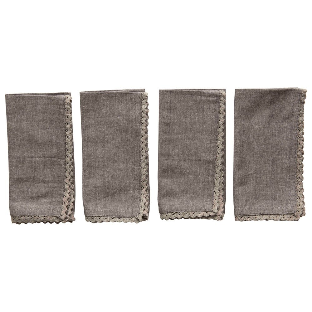 Square Cotton Napkins w/ Lace Trim, Charcoal Color, Set of 4 — alternate view 4