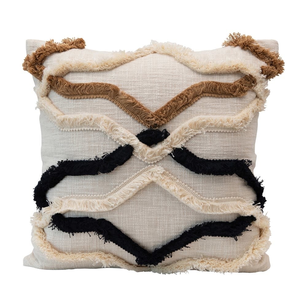 20" Square Cotton Lumbar Pillow w/ Appliqued Fringe Pattern, Multi Color — alternate view 3