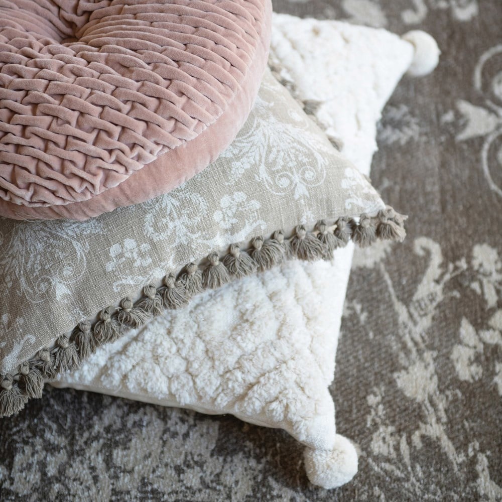 24" Square Cotton Tufted Pillow w/ Pom Poms, Cream Color — alternate view 4