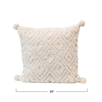 24" Square Cotton Tufted Pillow w/ Pom Poms, Cream Color — alternate view 5