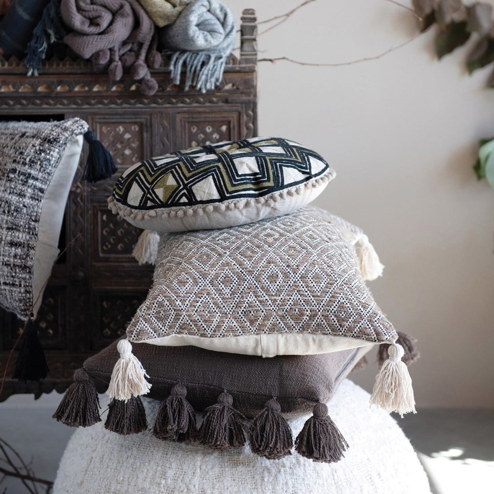 Cotton Woven Lumbar Pillow with Diamond Pattern & Tassels, Black, Cream & Tan Color — alternate view 2