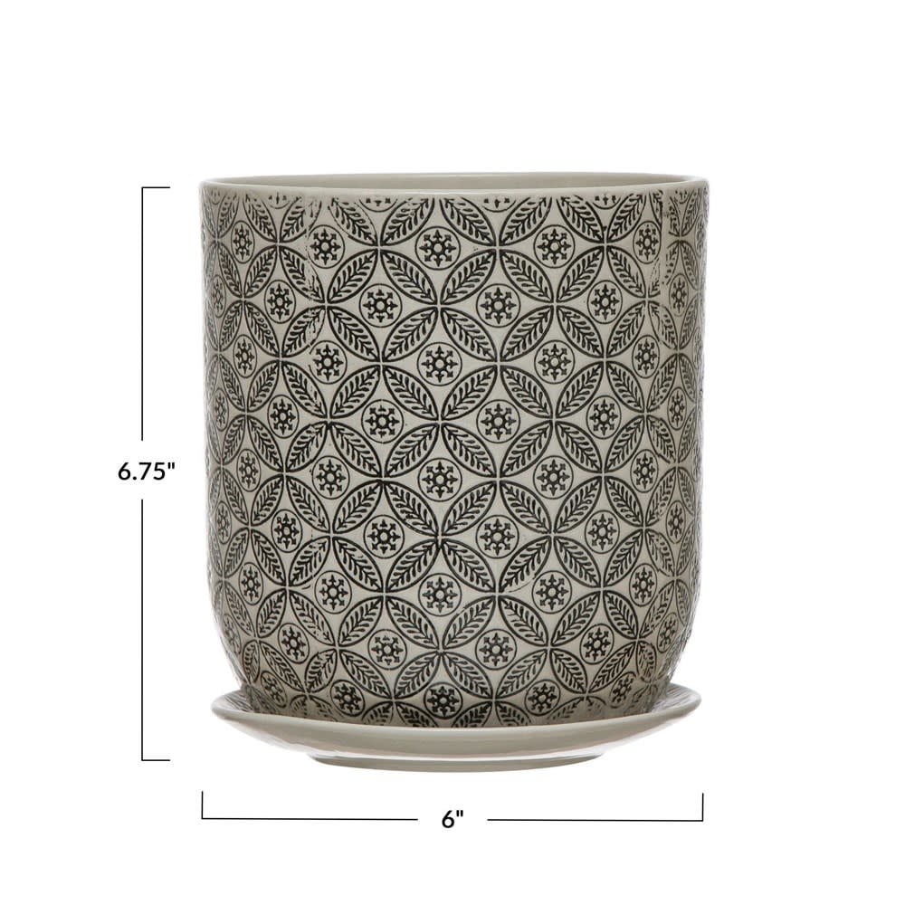 Hand-Stamped Stoneware Pot & Saucer w/ Embossed Pattern, Black & Cream Color — alternate view 7